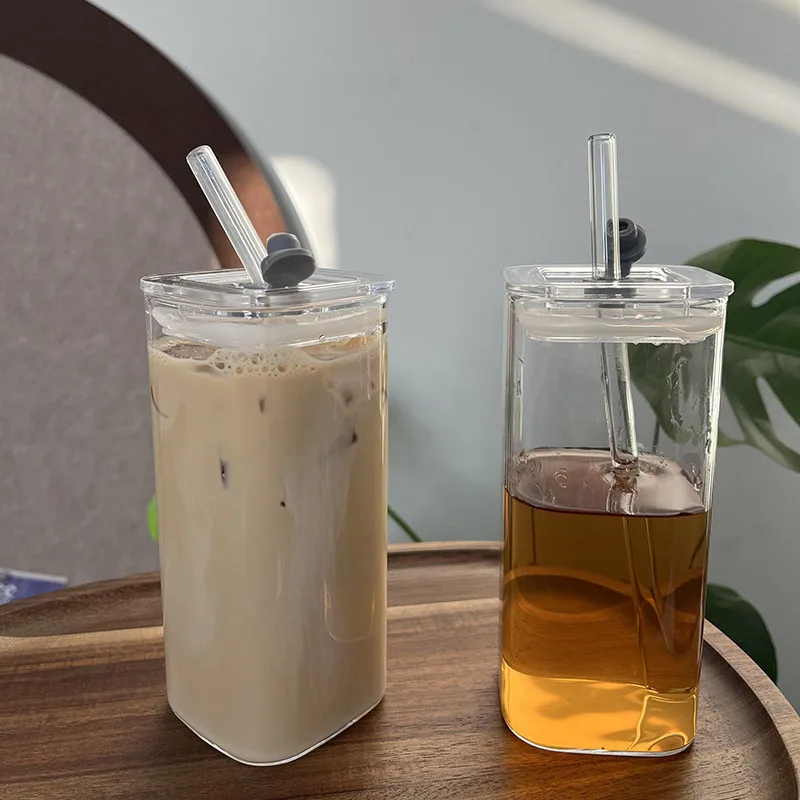YWDL Heat Resistant Coffee Glass Cup With Lid and Straw Square Transparent Milk Tea Juice Cups Coffee Mug For Home Bar Drinkware