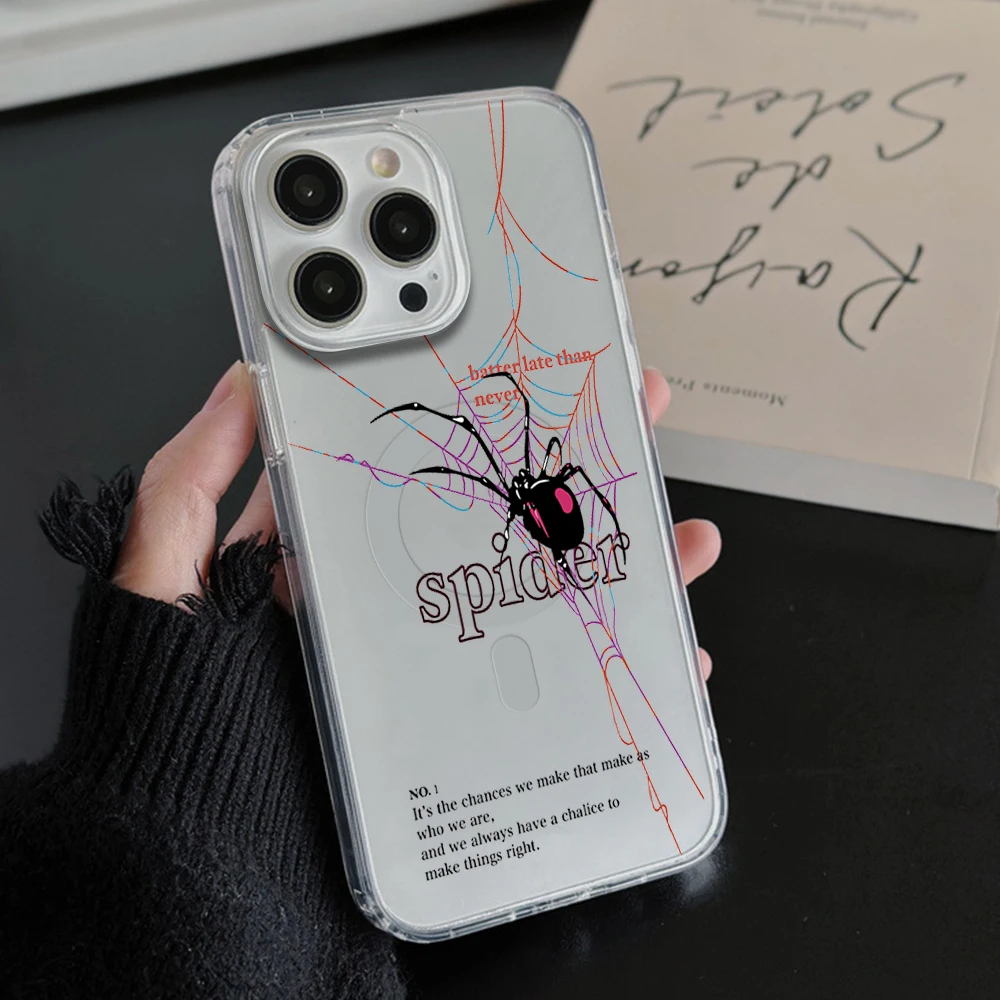 Crawling spider Phone Case For iPhone 11 12 13 14 15 16 Pro Max Plus Magesafe Magnetic Transparent Charge Soft Shell