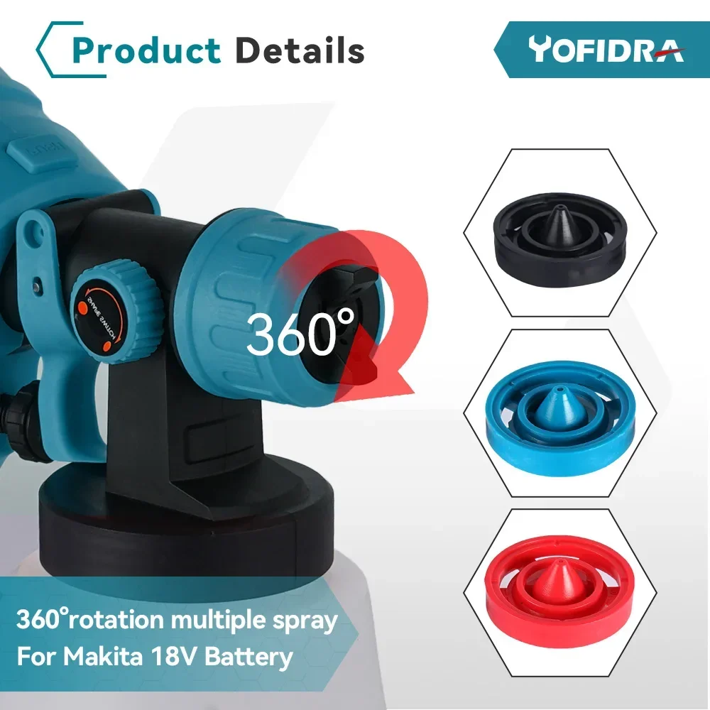 Yofidra 1000ML Electric Spray Gun High Power  Flow Control Airbrush Household Paint Sprayer 3 Nozzle For Makita 18V Battery