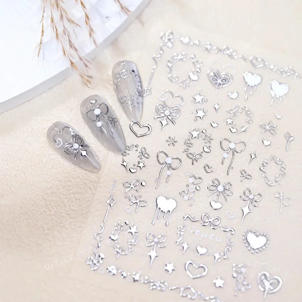 Rose Knot Silvere Red Heart-shaped Nails Art Stickers Sweetheart Gold Embossed Butterfly Knot Acrylic Nail Decals Decoration DIY