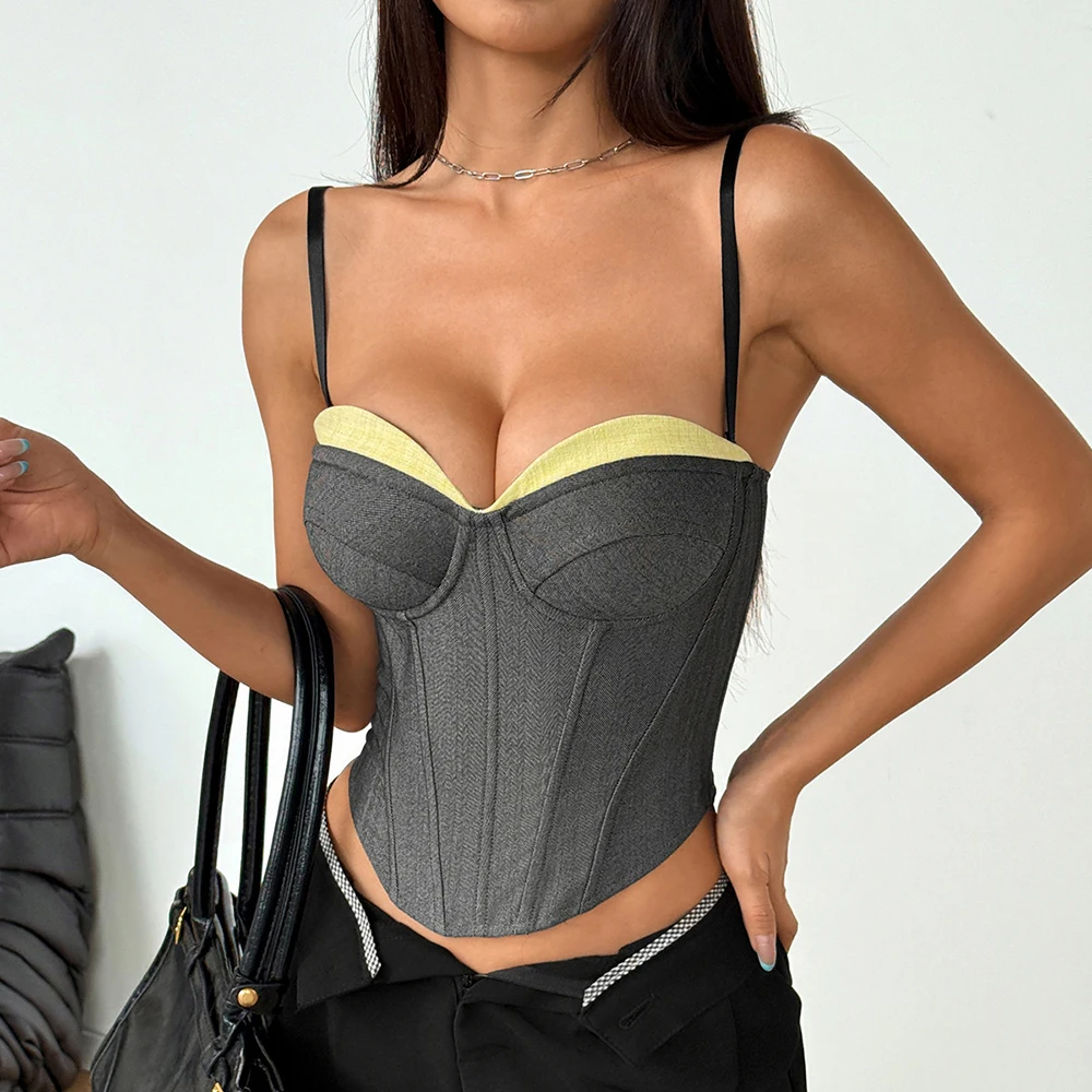 Women Retro Splicing Tank Top Women Sexy Patchwork Slim Fit Fishbone Corset Elegant Bustier Hot Girl Party Club Tops Vest