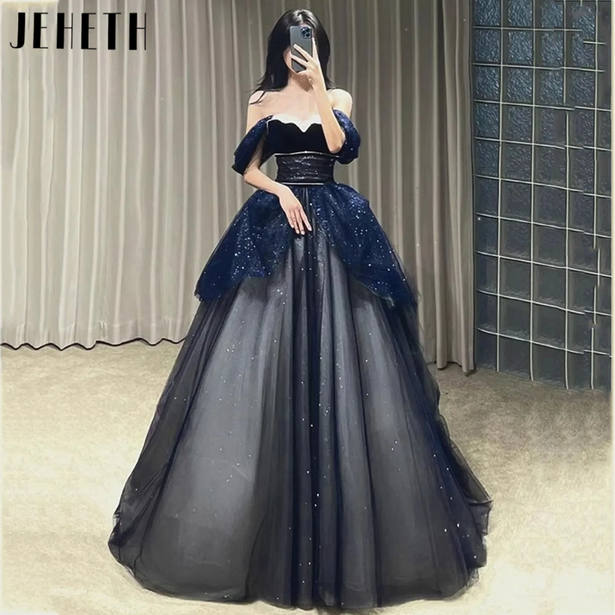 

Navy Blue Glitter Tulle Evening Dress Beads A-Line Formal Occasion Gown Customized Sexy Princess Off the Shoulder платье