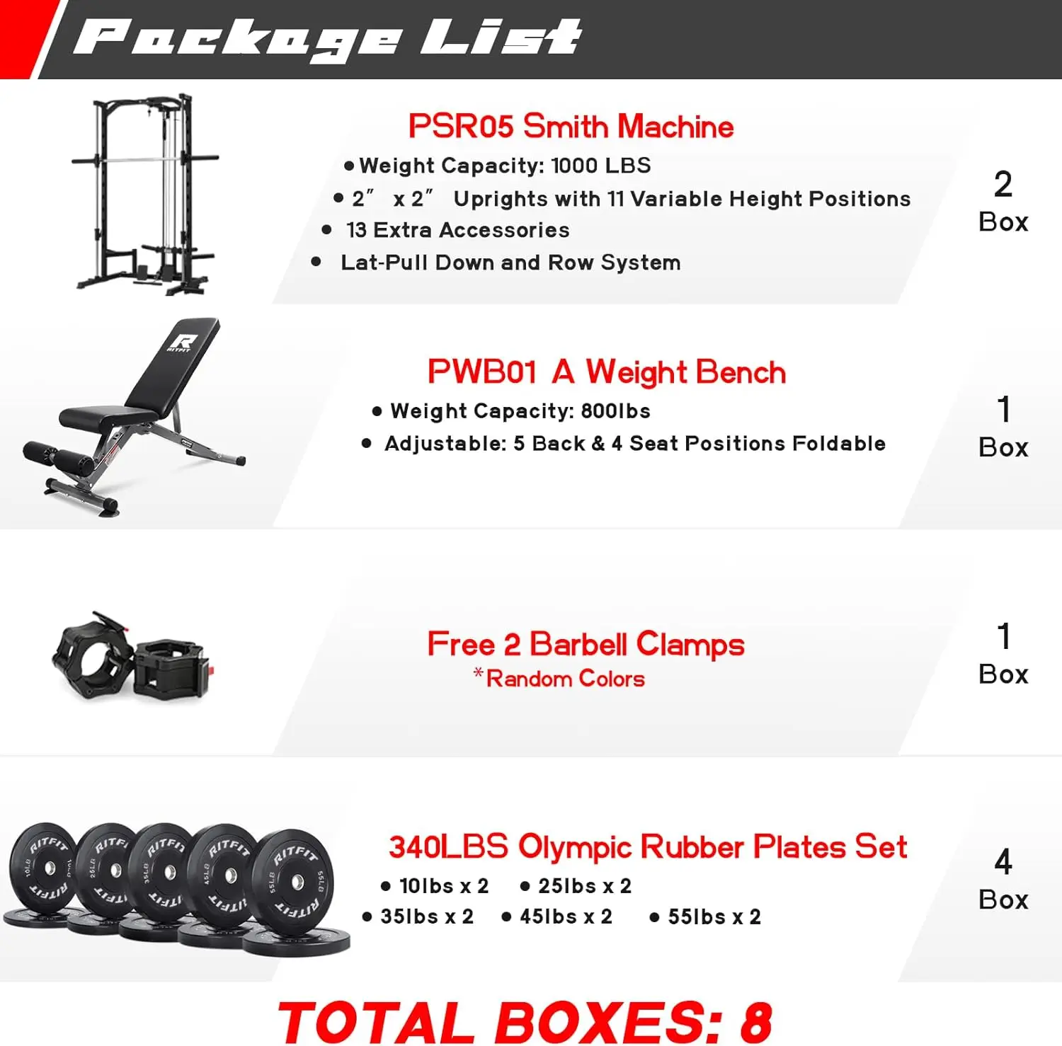 RitFit Smith Machine Power Rack with LAT-Pull Down System, Landmine, Barbell Bar, Plate Storage Pegs and More Training