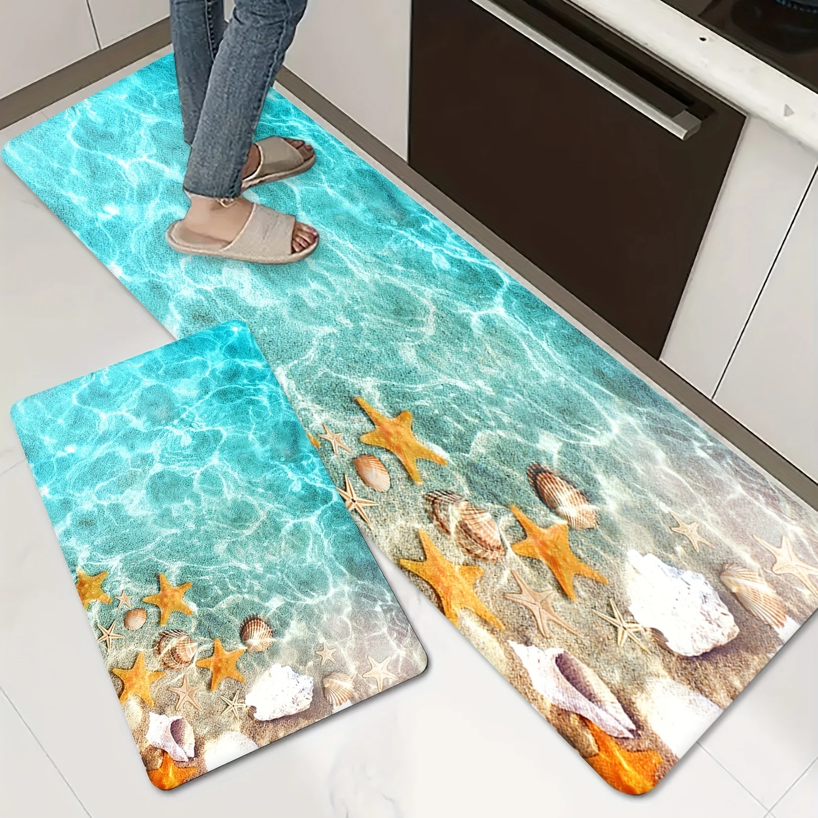 Ocean Starfish Kitchen Floor Mat Entrance Door Mat Decorations Non-Slip Hallway Balcony Long Rugs Bedroom Bedside Foot Pad