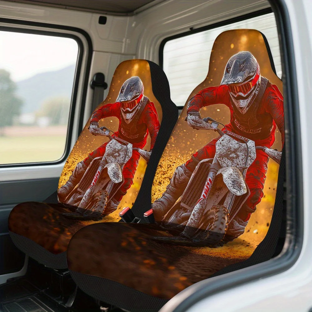 2pcs Fiery Motocross Ride Print Car Seat Covers – Universal Front Seat Protectors For Cars, SUVs & Sedans, Durable And Easy To I