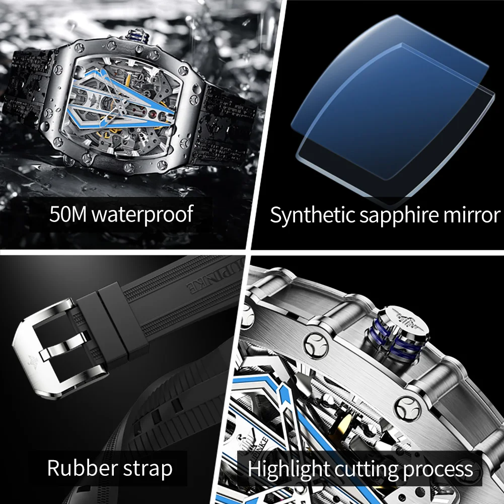 OUPINKE Top Brand Luxury Automatic Mechanical Watch for Man Waterproof Tonneau Tungsten Steel Case Sapphire Mirror Fashion Dress