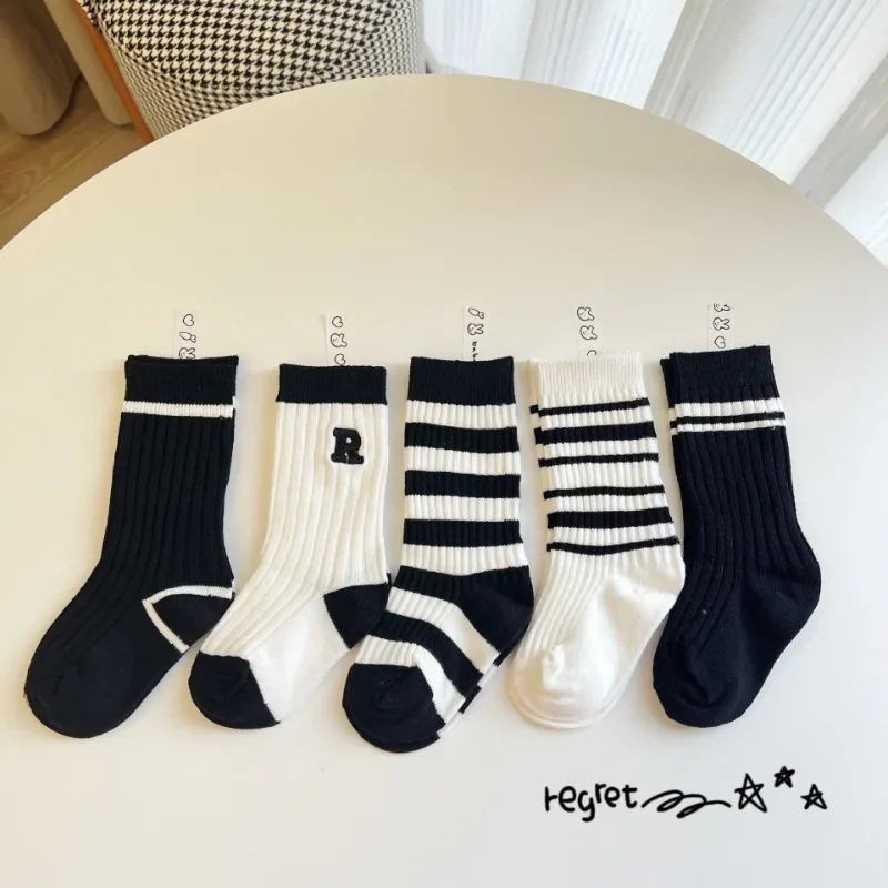 1 Pair Kids School Sock Simplicity Black White Solid Color Series Calf Sock for Toddler Boy Girl Spring Autumn Fashion Baby Sock