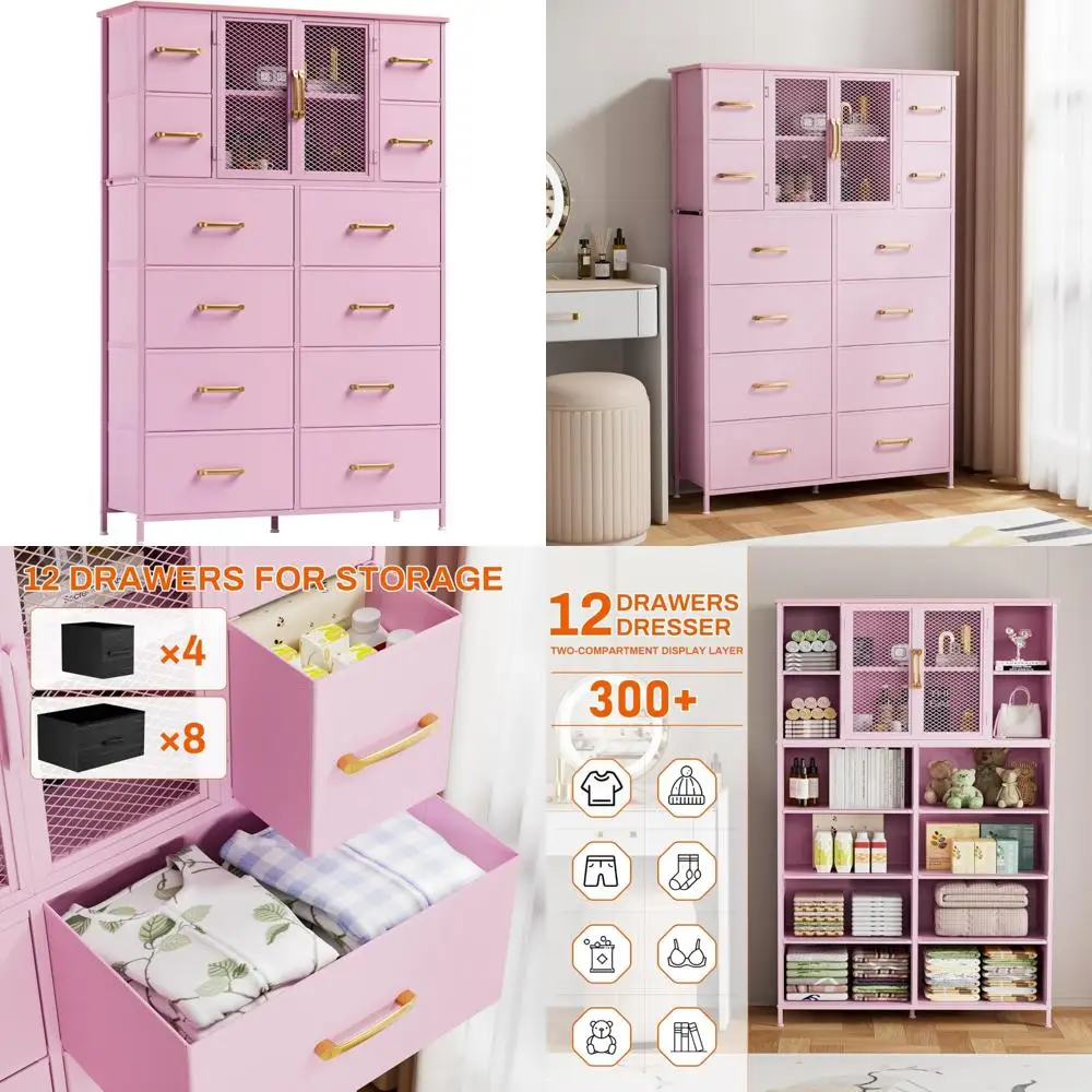 

Комод для спальни с 12 ящиками, тканевым туалетным столиком и деревянной столешницей