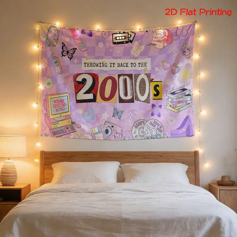 Vintage 2000s Tapestry, Nostalgic Millennium Era Elements Wall Hanging, Y2K Aesthetic Decor for Bedroom and Party Backdrop