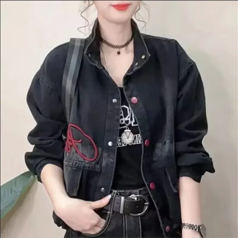 

New Denim Jacket Women's Short Coat Long Sleeve Jeans Top Cardigan Fabric Outwear Cowboy Outside Button Female Jackets