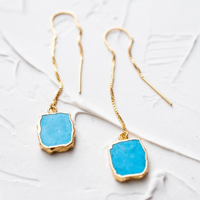 14K Gold Turquoise Dangle Drop Chain Threader Earrings Neccklace Gemstone Birthday Gift for Her Mother Sister Friend December