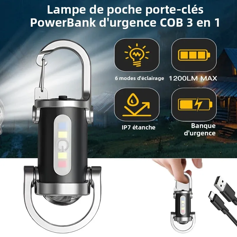 Mini lampe de poche porte-clés Portable multifonction COB, lampe de travail, 6 Modes, lumière d'urgence Rechargeable pour la marche, la recherche et la randonnée