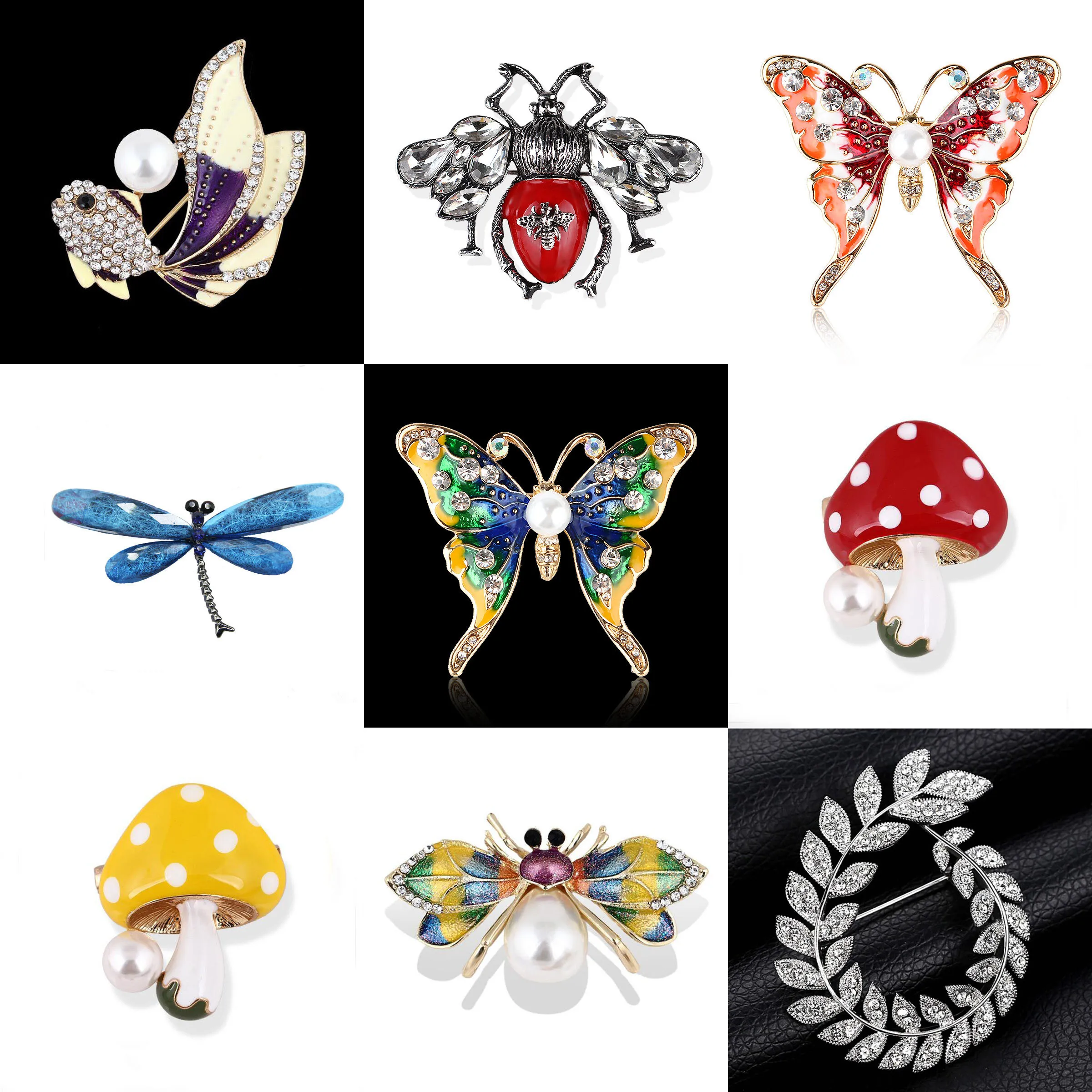 

Wholesale 12 PCS Lot Enameled Mushroom Brooches Pins Austria Crystal Rhinestone Flower Lapel Pearl Badges Bird Insect
