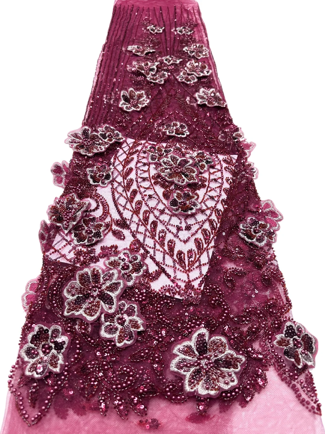 

3D Embroidered Beaded Lace Fabric 2026 Luxury French-Style Nigerian Sequins Lace Fabric Wedding Gown & Evening Dress