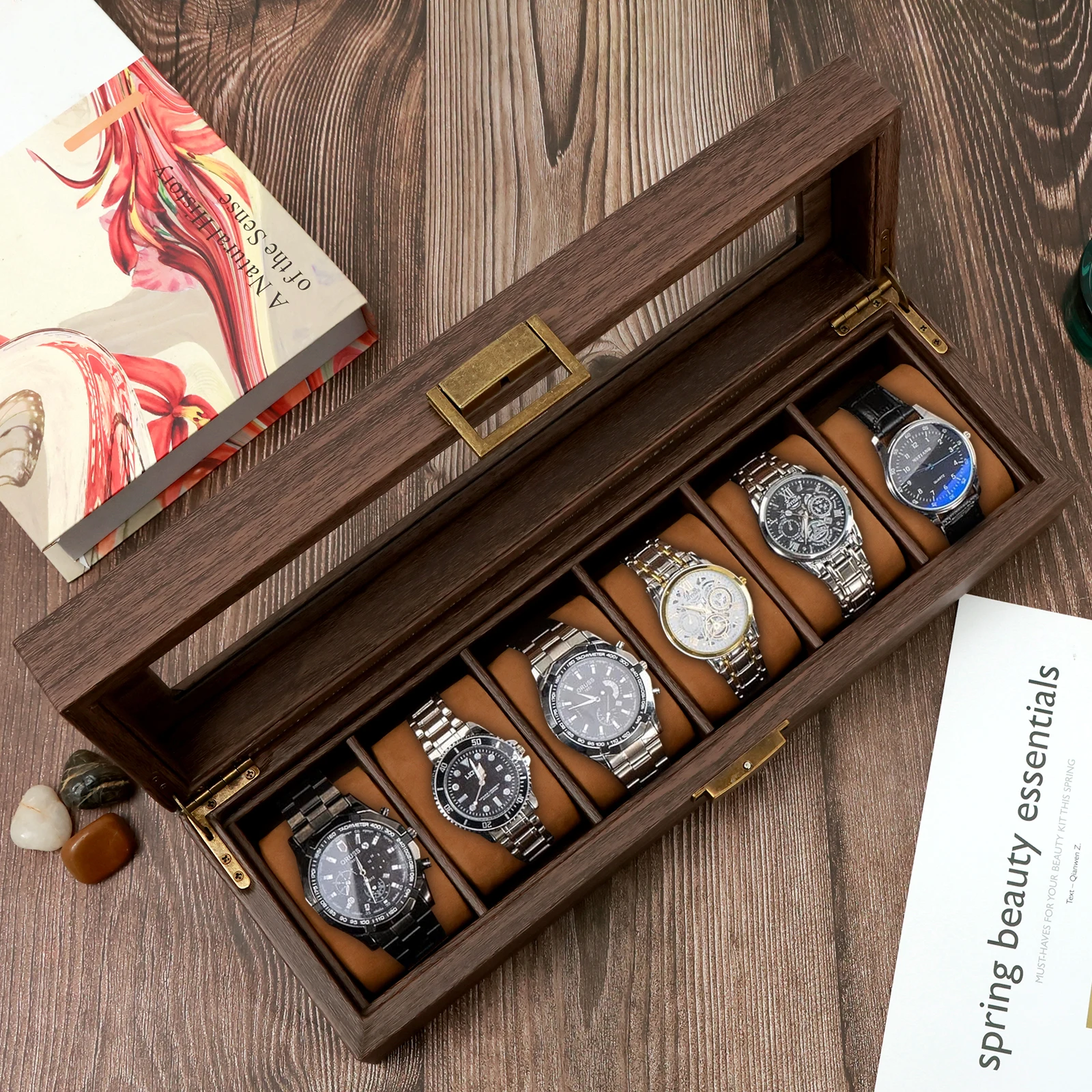 

Watch Box Organizer 6 Slots Watch Display Case with Clear Lid Anti-Scratch Watch Storage Organizer PU Leather Watch Organizer