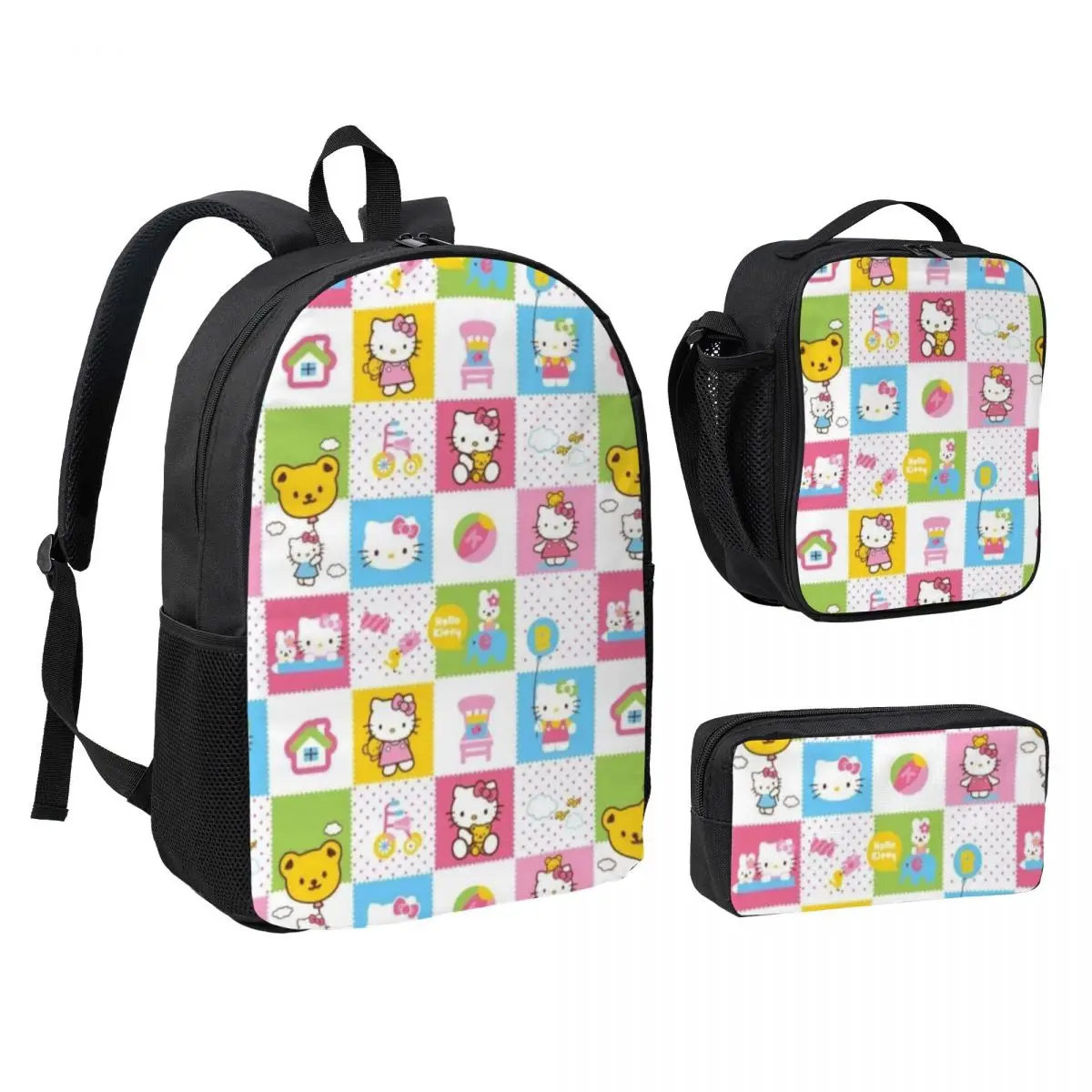 Conjunto de mochila de 3 peças Hello Kitty com lancheira e bolsa para lápis Bolsa leve de 17 polegadas para estudantes e profissionais