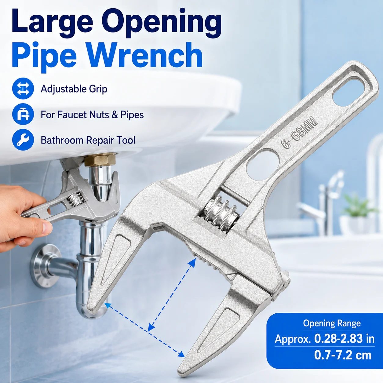 Large Opening Adjustable Spanner Wrench 6-68mm Aluminum Alloy Pipe Repair Tool for Bathroom Faucet Nut Plumbing Maintenance