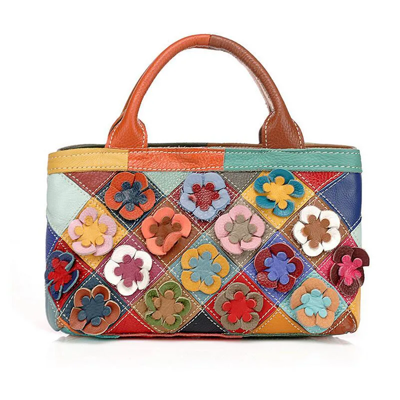 LOMANTINA Genuine Leather Women\'s Casual Fashion Colorful Flower Tote Color Block Random Spliced Messenger Shoulder Purses