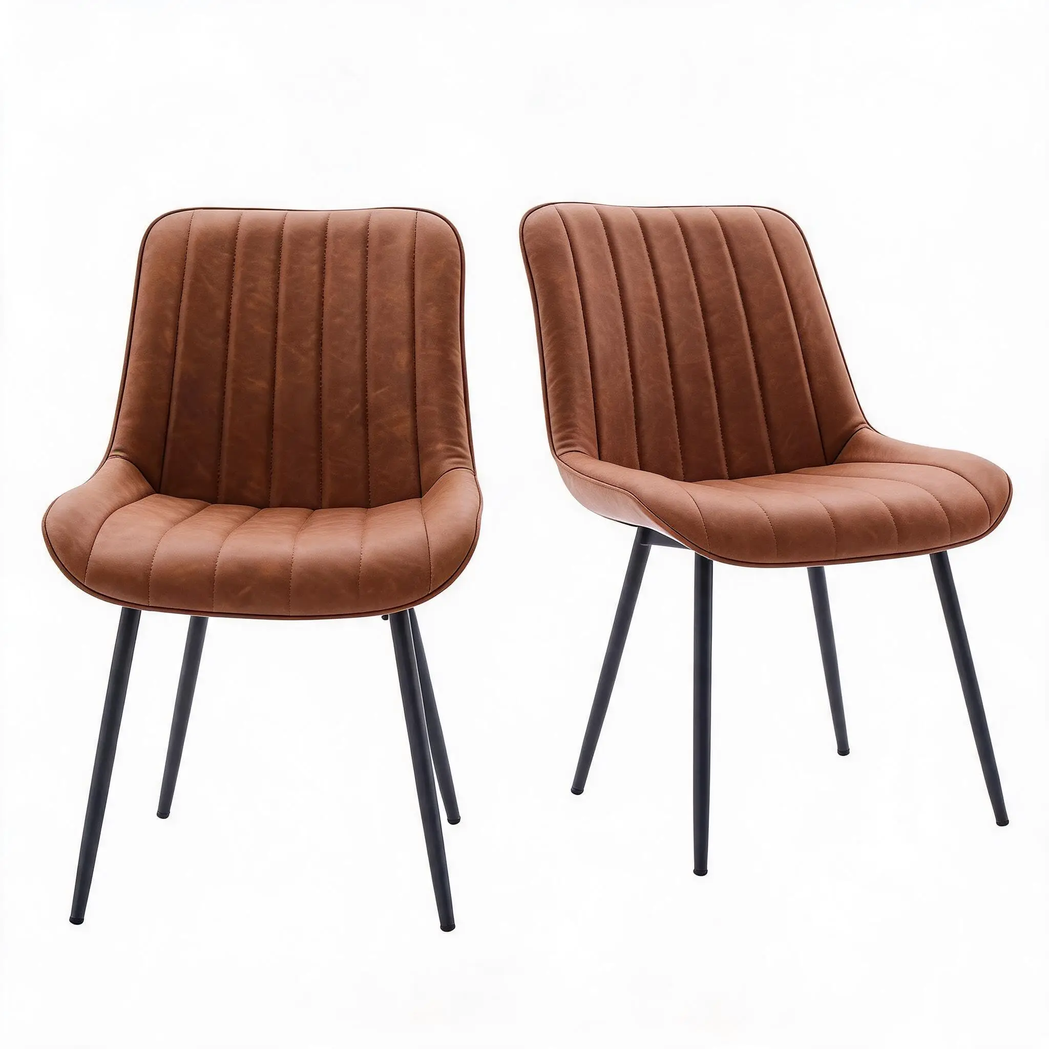 Garvee 2-pack PU gestoffeerde eetkamerstoelen – hoge rugleuning, mid-century modern stijl, zwarte metalen poten, eenvoudige montage, perfect voor appartementen, eetkamers & slaapkamers (bruin)