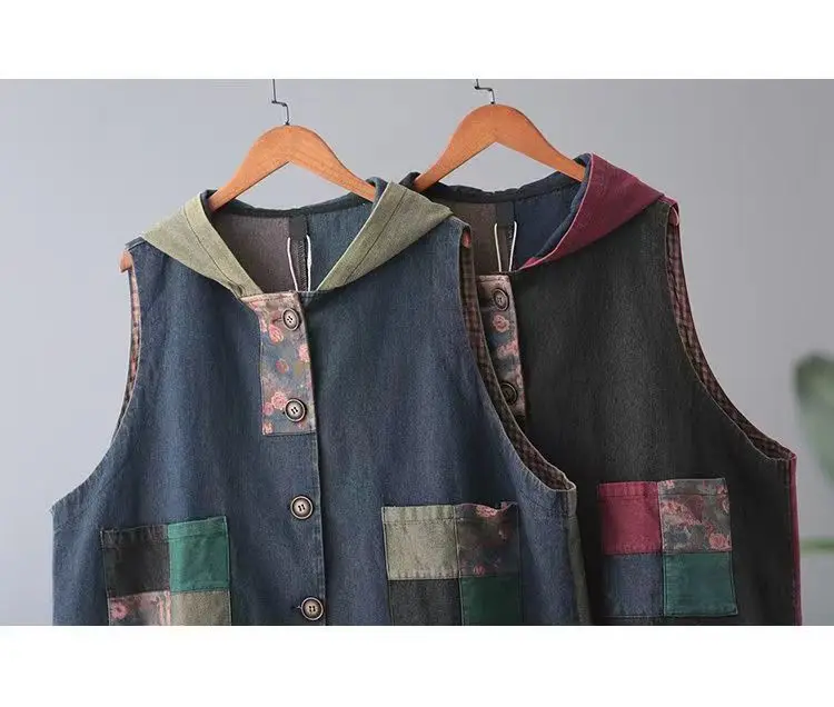 Autumn Korean Version Plus Size Covered Jacket Retro Distressed Hooded Print Splicing Age Reducing Denim Vest Women\'s Fashion