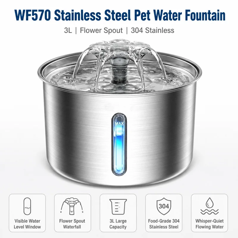 3L Stainless Steel Pet Water Fountain Flower Spout Cat Dog Drinking Fountain With Water Level Window 5 Layer Filter Water Founta