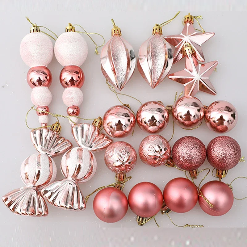 20Pcs Rose Gold Red Christmas Tree Balls Hanging Pendant Set Xmas Candy Cane Pine Cone Ornament for Home Navidad 2024 New Year