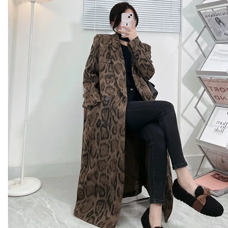 Wool Coat Women  Brown Leopard-print Mid-length Hepburn Coat For winter 2024 Warm Woolen Jackets