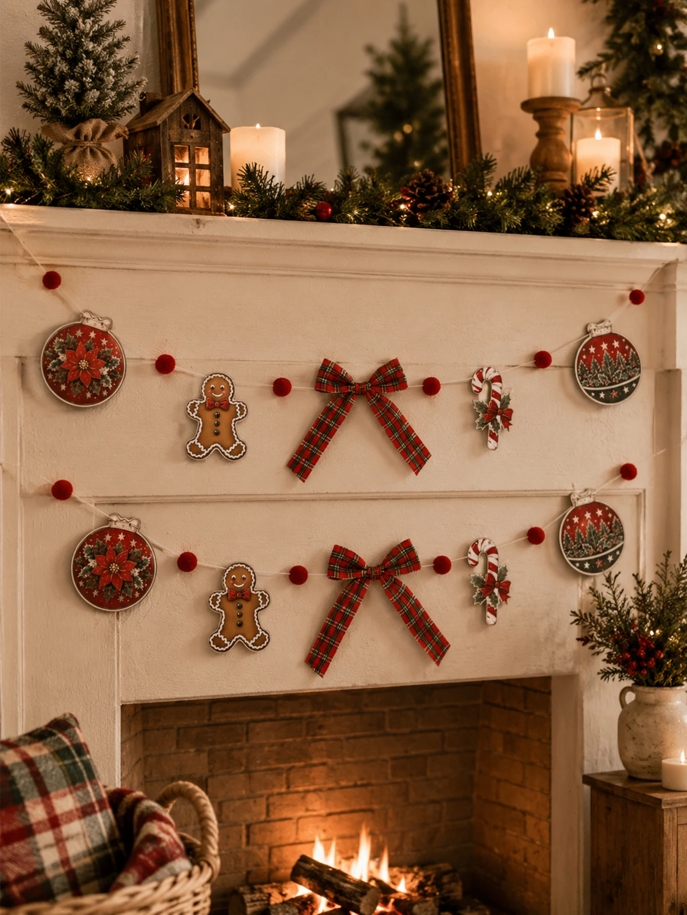 Vintage Christmas Garland Banner with Plaid Bow & Red Pom Poms Xmas Fireplace Mantel Wall Hanging Decor for Home Holiday Party