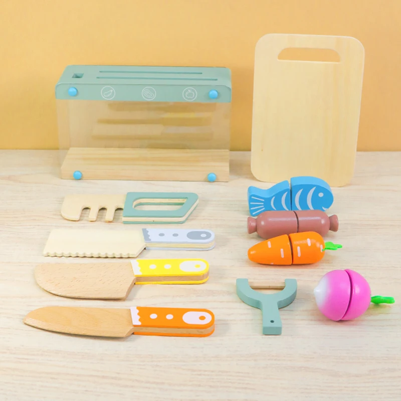 Toddler Knife Set Wooden Pretend Play Food Set Toys with Cutting Board Kid Safe Knives Childrens Role Play Game for Girls Boys