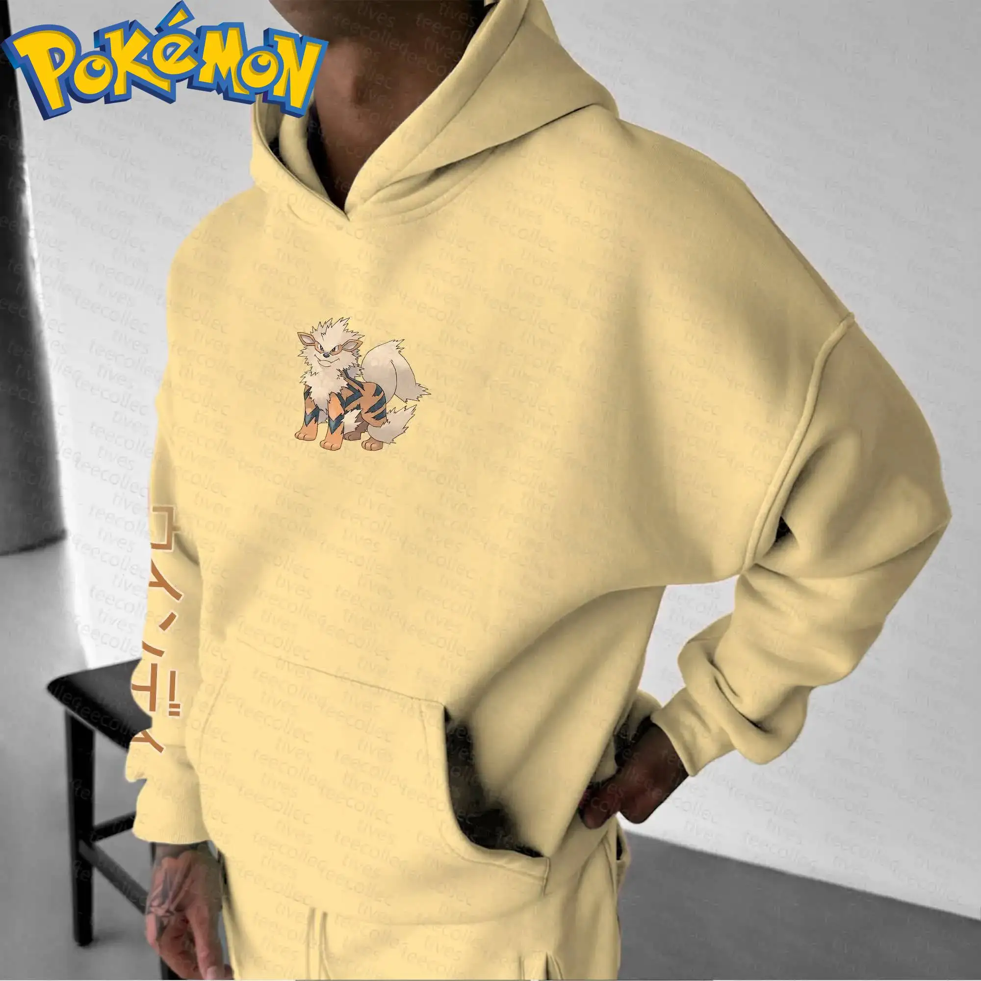 Pokemon Anime Flareon sweat à capuche en coton Harajuku pantalon ensemble Beige caractère imprimé avec motif de fourrure de flamme Orange tenue deux pièces