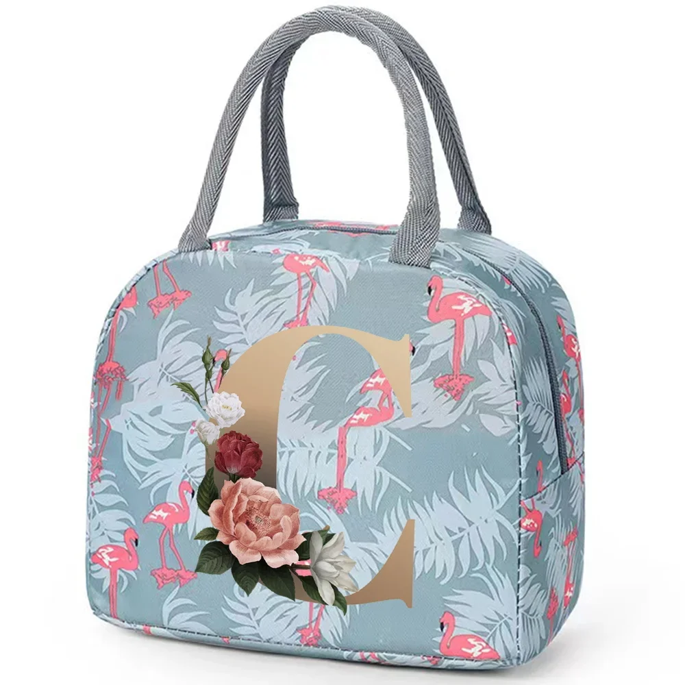 Lunch Box Thermal Bag Cute Sweet Trendy Tote Food Storage Bag Organizer Kids Blue Flamingo Printing Gold Letter Series