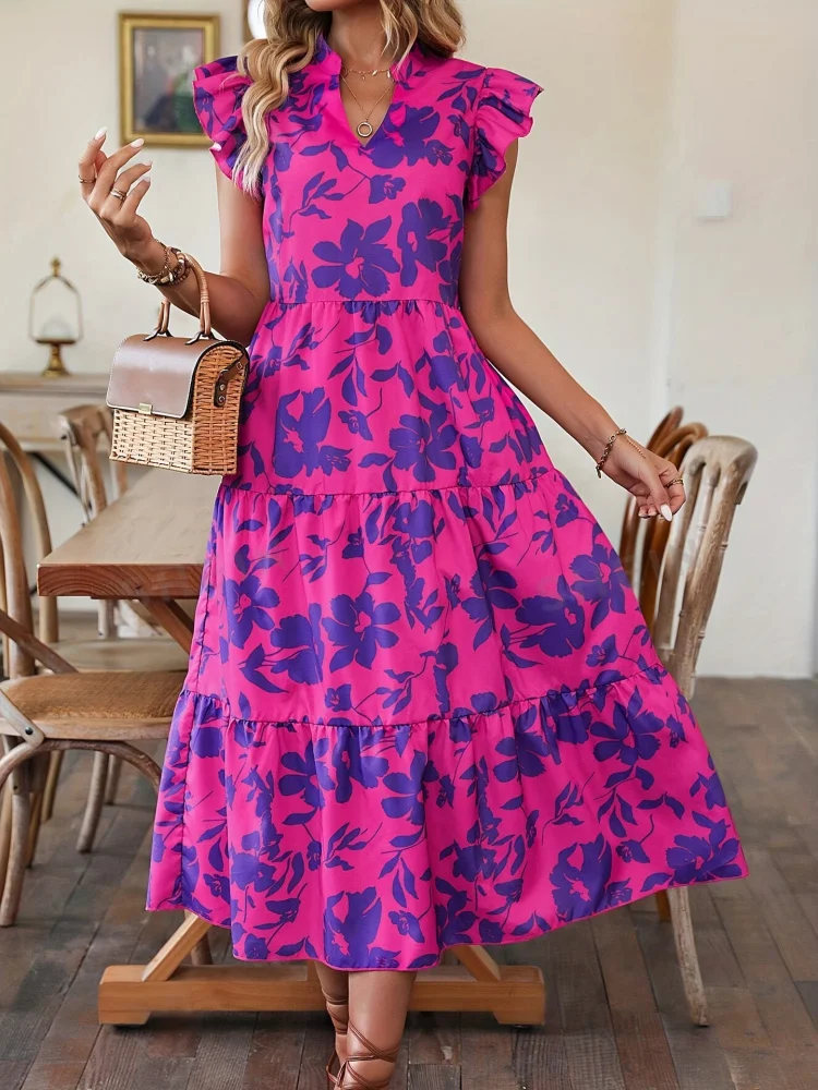 -Border Women's Clothing 2024 New Elegant Romantic Long Ruffled Tiered Dress Vacation Style Sleeveless Printed Dress