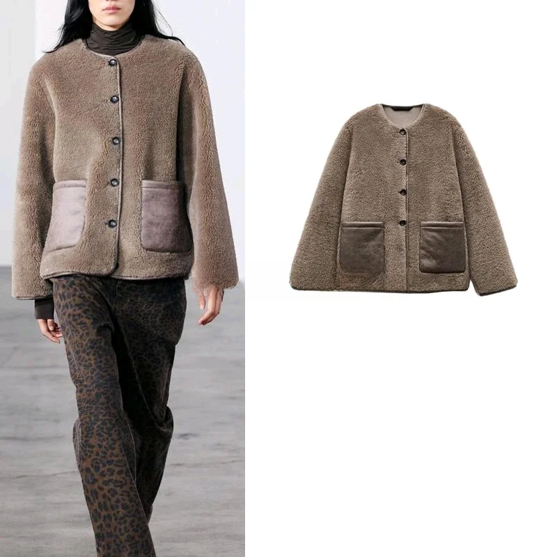 

Spring New Women's Fce Lined Long Sve round Ne Jaet Coat with ket Decorative Casual Comfortable Polyester Fiber