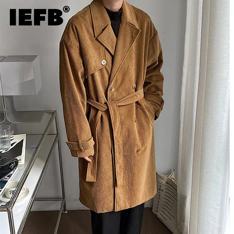 

IEFB Corduroy Double Breasted Coat Windbreaker Jacket Men Autumn Winter New Warm Coat Solid Color 2024 Fashion Tide 9C6982