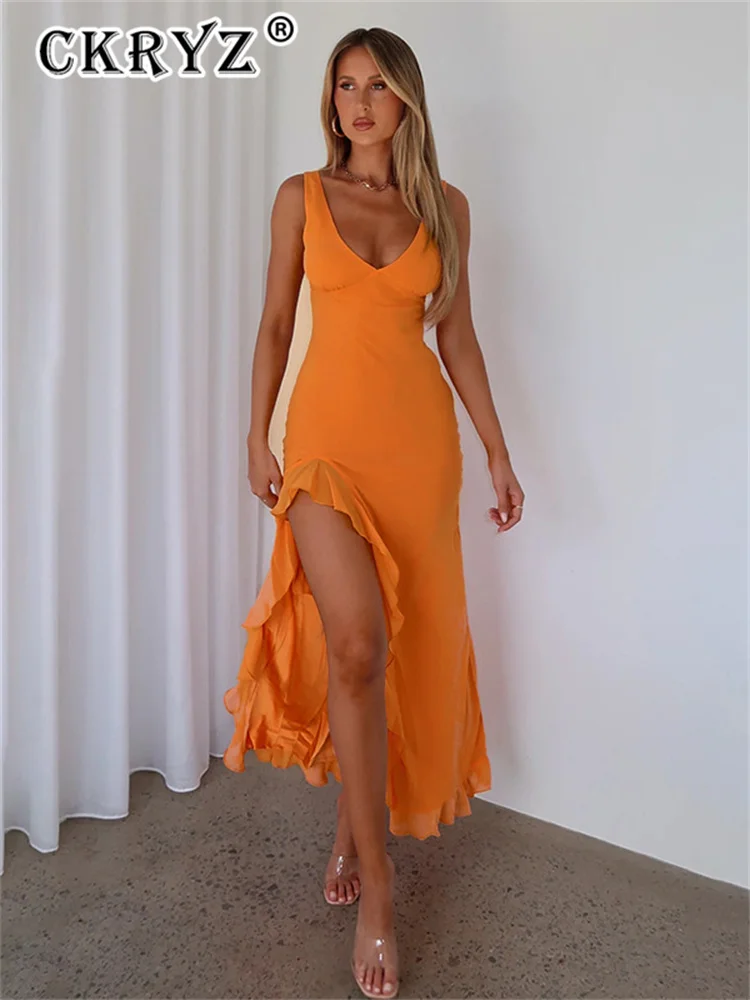 Ladies Autumn Ruffle Fashion Evening Birthday Party Dress Women Sleeveless Backless Side Slit Maxi Dresses Clubwear Fall Outfits