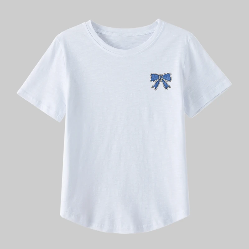 AOSSVIAO جديد جودة عالية القوس تي شيرت مطبوع القطن الخالص قصيرة الأكمام طاقم الرقبة القمم لينة مريحة أنيقة المرأة تي شيرت #6