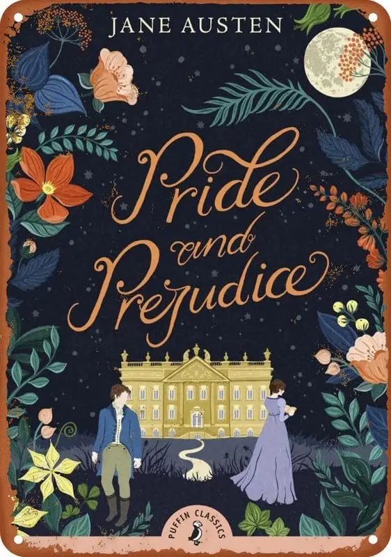 غلاف كتاب قابل للطباعة فخر وتحامل بواسطة جين أوستن ريترو ملصق معدن القصدير تسجيل الألومنيوم علامة غرفة المعيشة بار علامة اصطناعية #1