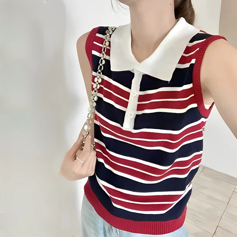 

1pcs Summer Vest Retro Tank Contrast Color Striped Lapel Sleeveless Slim Knitted Vest For Women