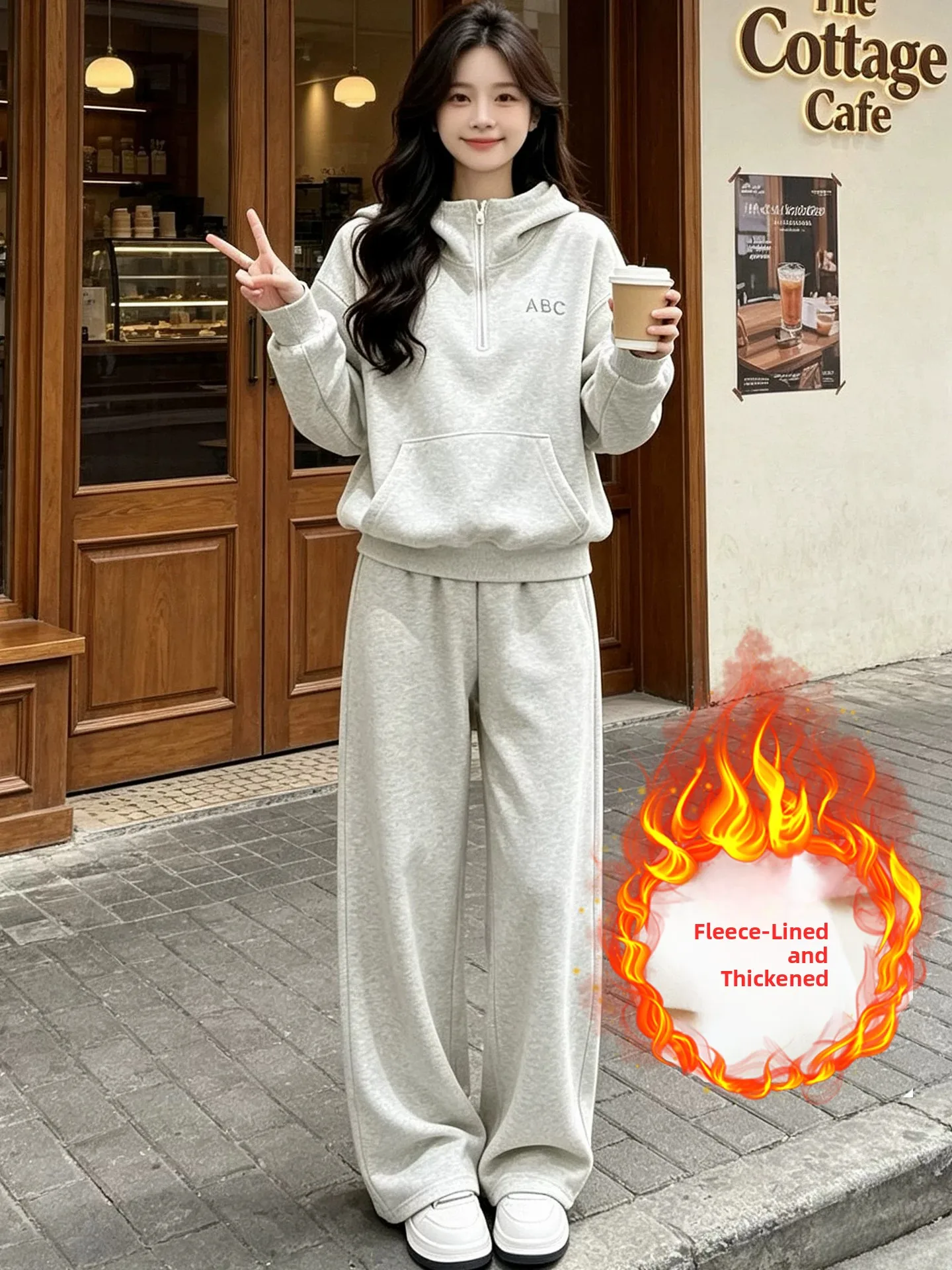 Fall Winter New Style Fashionable Casual Sporty Fleece Lined Loose Sweatshirt And Pants Set Women's Clothing Ensemble
