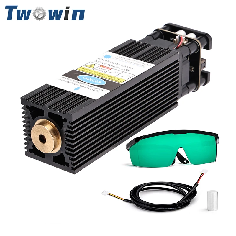 Twowin เลเซอร์โมดูล20W เครื่องมือแกะสลักแบบ DIY โมดูลเครื่องแกะสลักแบบกำหนดโฟกัสคงที่450nm การแกะสลักไม้สแตนเลสสตีล