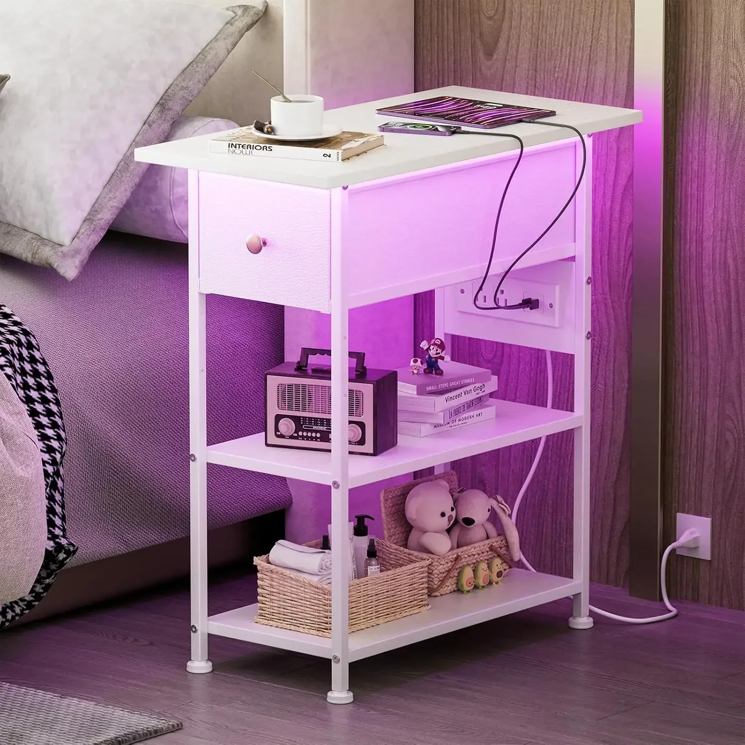 Narrow End Table with Charging Station,Narrow Nightstand with LED Light,Skinny Bedside Table with Drawer and Shelves, Side Table