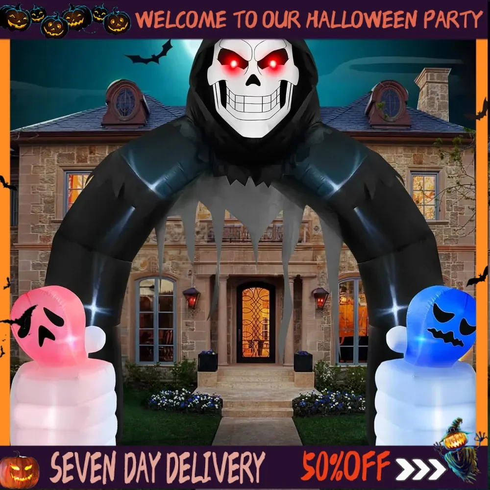 

Halloween 10 FT Inflatables Grim Reaper Archway Outdoor Decorations, Scary Inflatable Halloween Arch Built-in LED Lights Blow Up