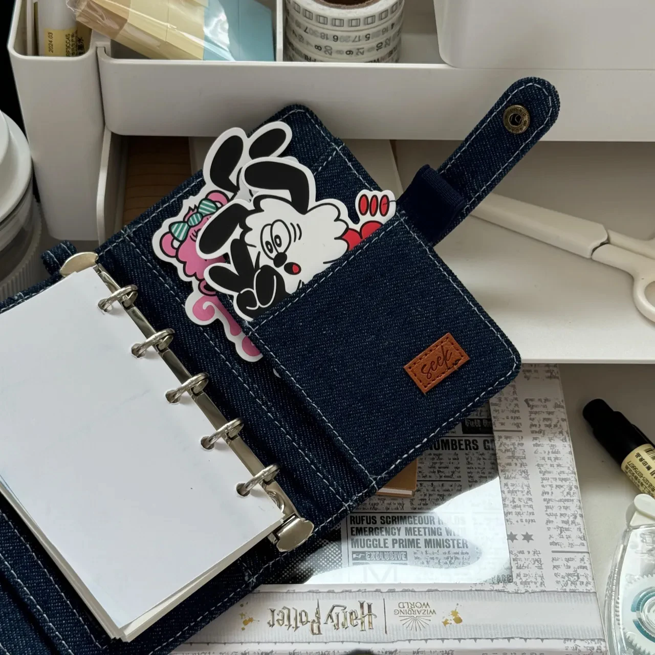 Dark Blue Floret Pattern Denim M5 A7 Loose Leaf Binder Journal Notebook Diary Cover Ring Planners Organizer Easy Carrying Agenda