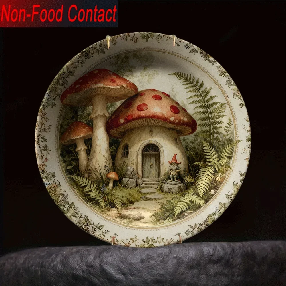 2D Flat, 1pc Ceramic Decorative Plate with Mushroom House & Pattern - Non-Food Contact, Classic Style Round Tabletop Art for