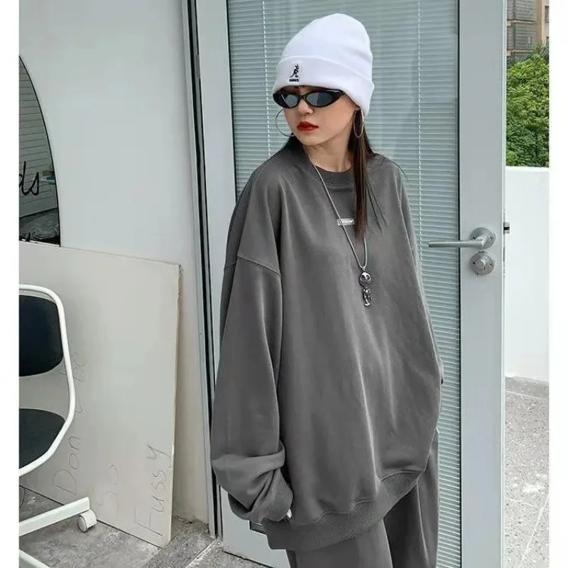 Two Piece Oversized Women Solid Sports Pant Sets Spring Autumn Tracksuit New Street Fashion Casual Long Sleeve Grey Hoodies Suit