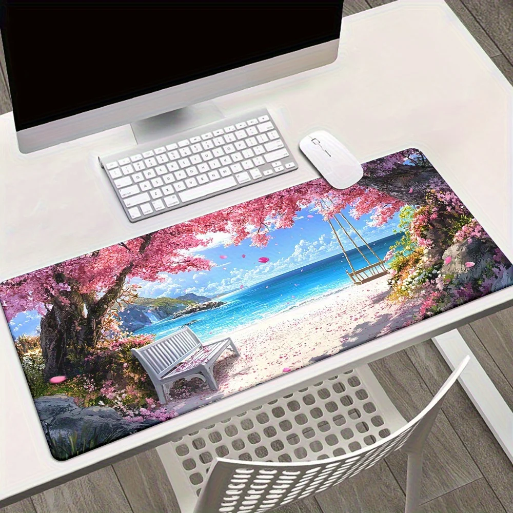 

1 Piece of Seaside Landscape XXL Mouse Pad,vibrant Beach and Cherry Blossom Design,durable Desk Mat,multi-functional Desktop Pad
