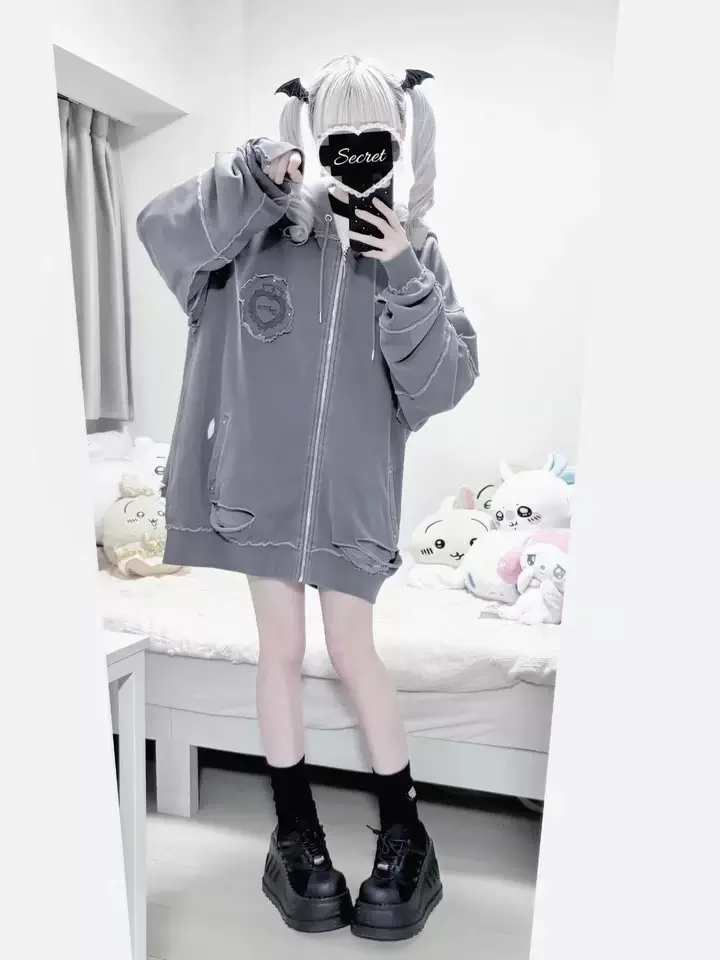 Subculture Mine Cross Hooded Jacket Autumn and Winter Girls Sweet Cool Loose Punk Y2k Long Coat Women Ripped Cardigan Jacket