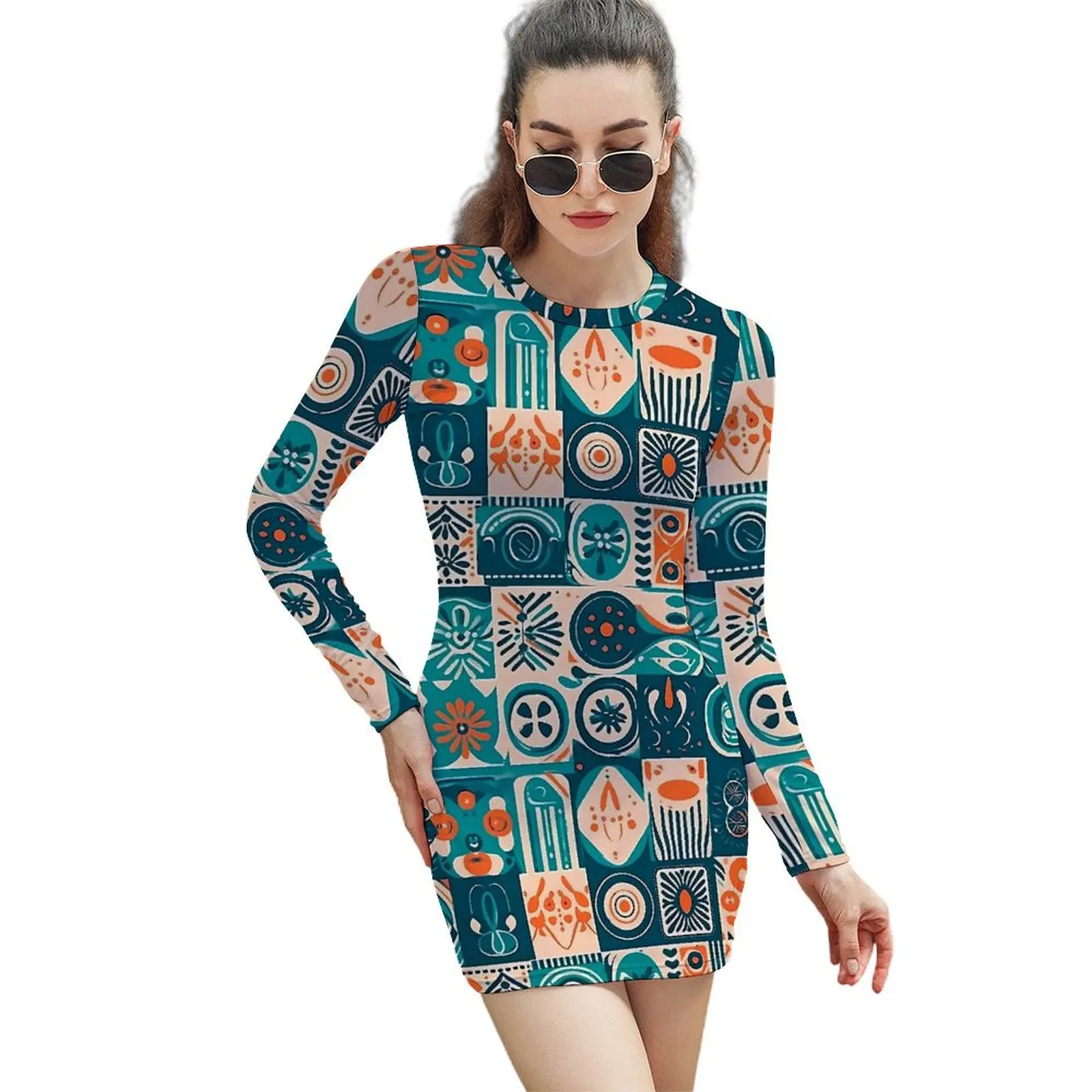 Ethnic Tribal Icon Bodycon Dress Female Patchwrok Print Kawaii Dresses Autumn Long Sleeve Streetwear Custom Dress Big Size