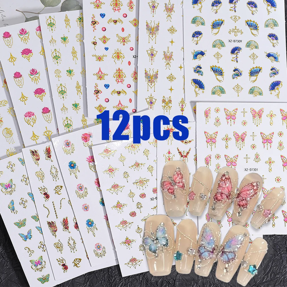12 szt. Metaliczne naklejki na paznokcie 5D w stylu retro, frędzle, motyle, naklejki w stylu lotosu, wiszące klejnoty, samoprzylepne dekoracje do paznokci