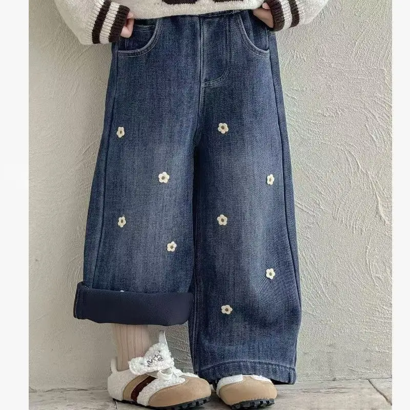 Girls Fleece Lined Denim Jeans Thick Warm Loose Straight Leg Trousers Autumn Winter New Style Children's Integrated Fleece Pants